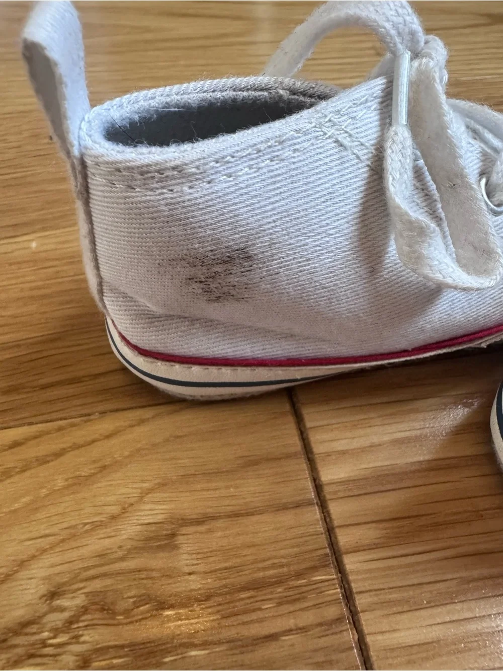 Kids White Canvas Lace-Up Sneakers with Red Trim